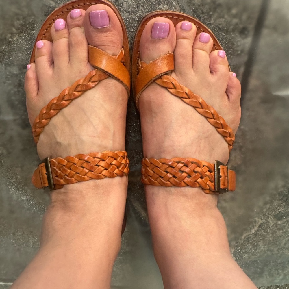 Tan Braided Leather Sandals with Adjustable Straps